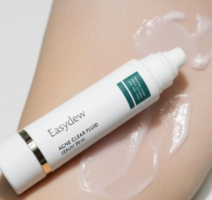 Close-up of Easydew Acne Serum bottle