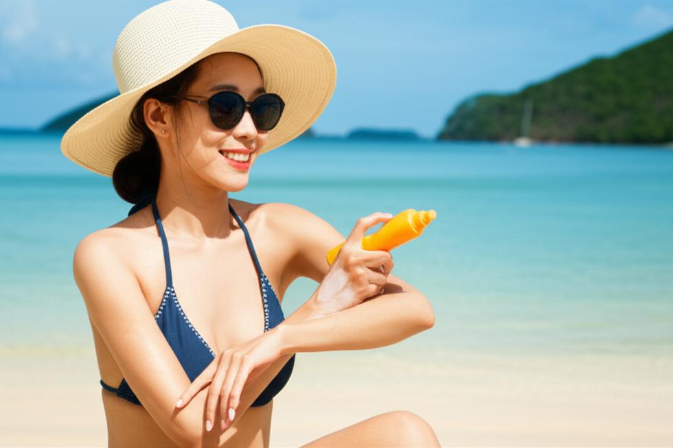 Woman applying sunscreen with healthy skin.